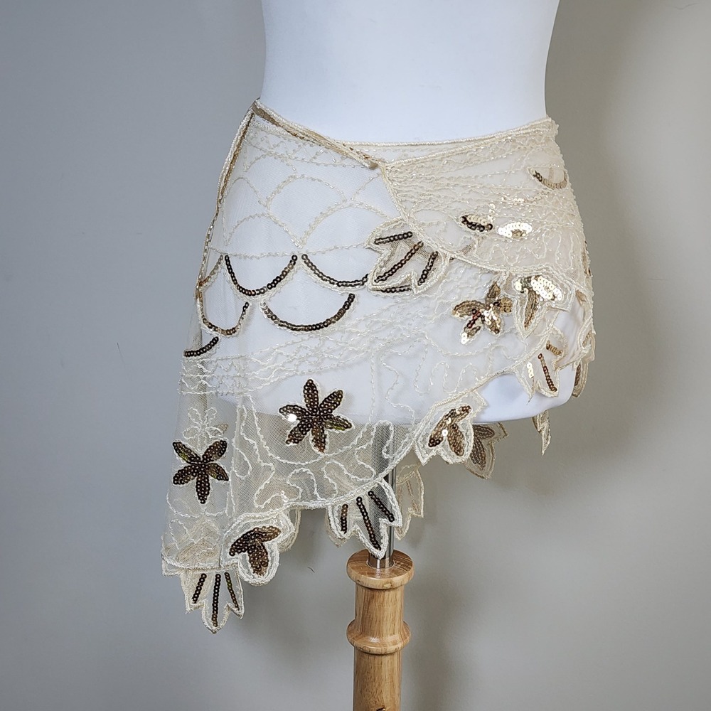 Sequin Mesh Wrap Skirt Hip Scarf Cream Gold Belly Dance Burlesque Fairy Dainty